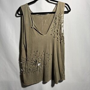 Knot Sisters Distressed Tank Olive Green Cotton Festival Grunge Holes M V Neck